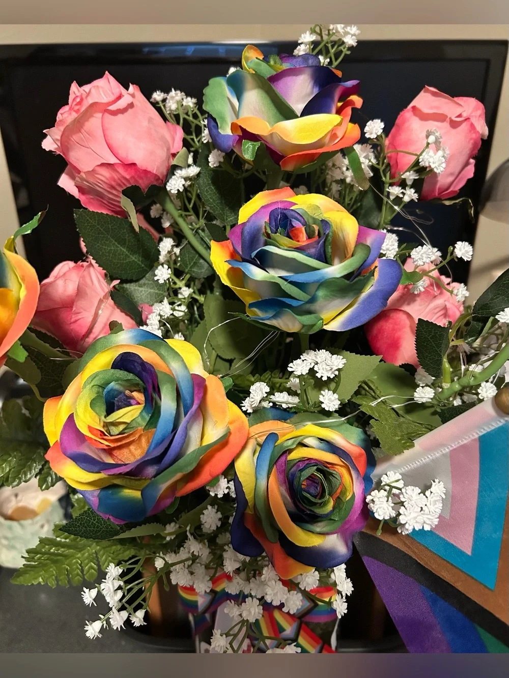 XL PRIDE FAUX FLORAL ARRANGEMENT/RAINBOW FAIRY LIGHTS/DOZEN ROSES/HANDMADE/NWT